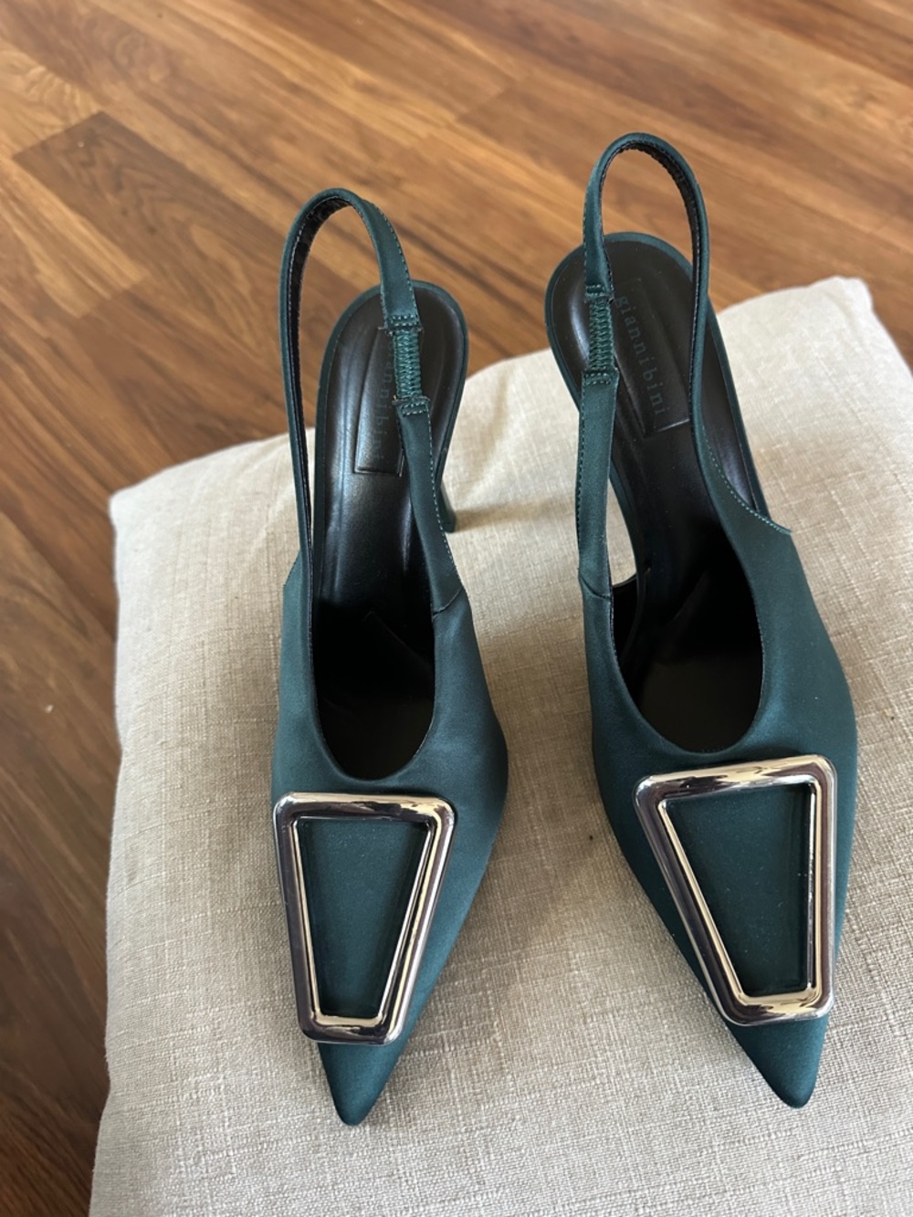 Satin Teal Slingback Pointed Toe Heels with Silver Buckle